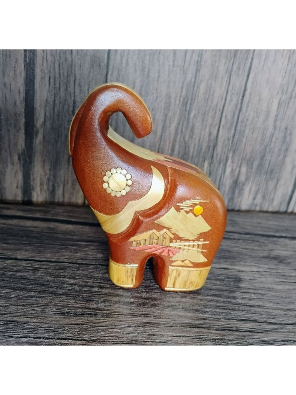 Handcrafted Wooden Elephant Figurine With Ornate Asian Veneer Accents 4", Trunk